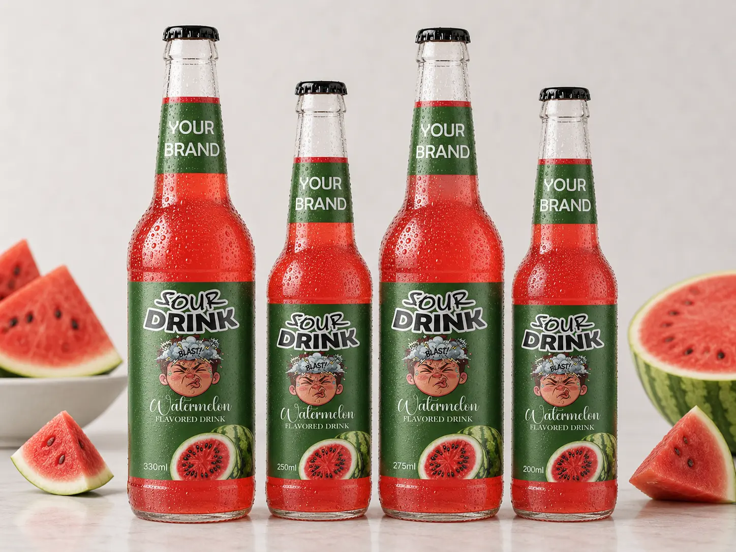 SOUR DRINK Watermelon Flavored Drink in 330ml, 250ml, 275ml, and 200ml glass bottles.